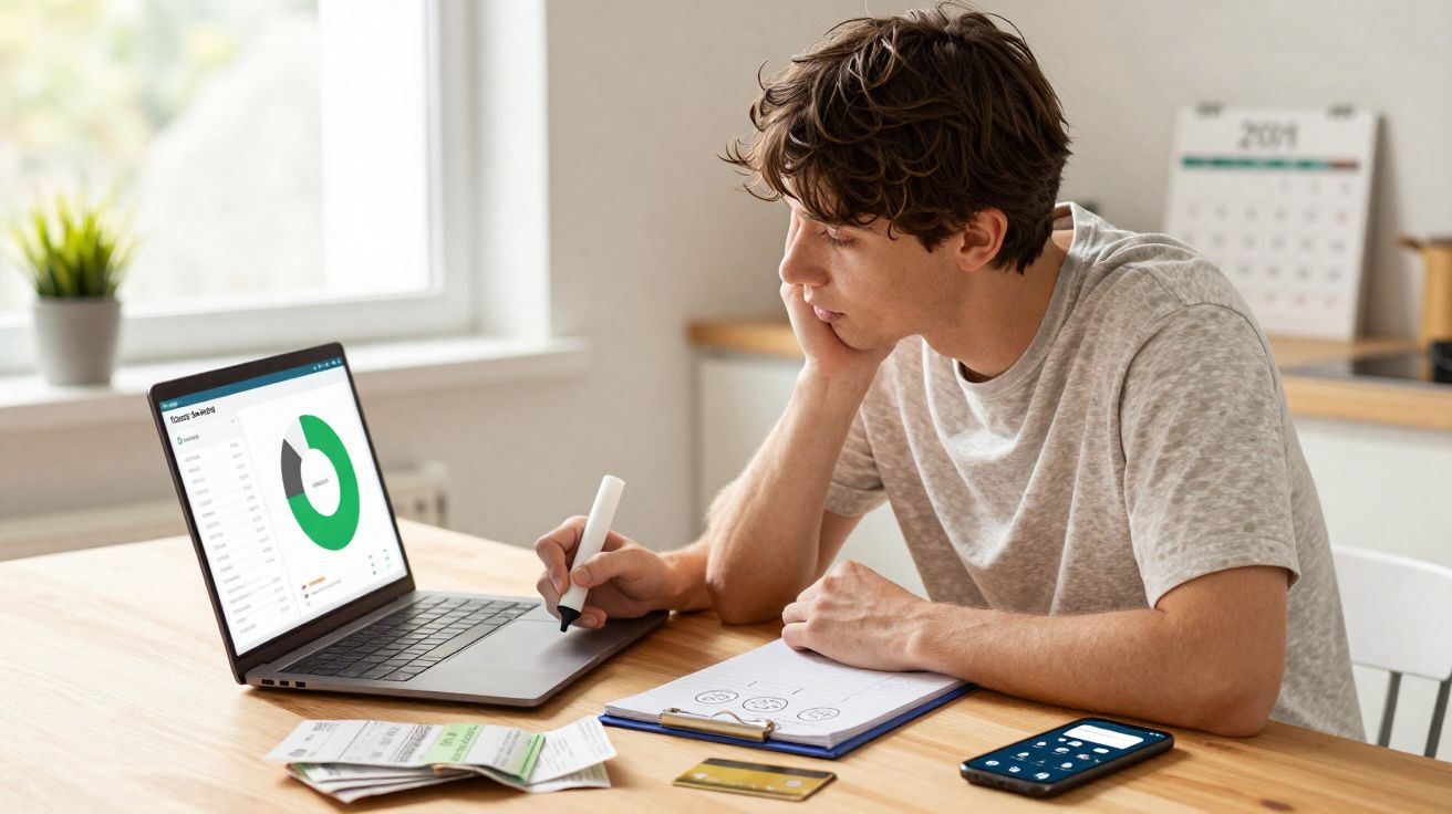 Jovem sentado a analisar dados financeiros no computador com notas, cartão, telemóvel e bloco de notas à frente.