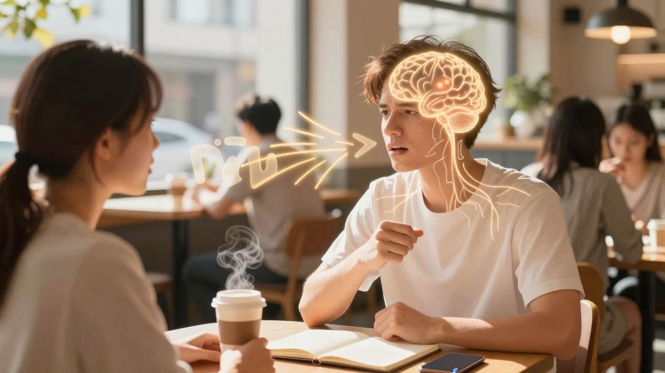 Jovem a falar com mulher num café, com ilustração do cérebro e ondas de fala entre eles.