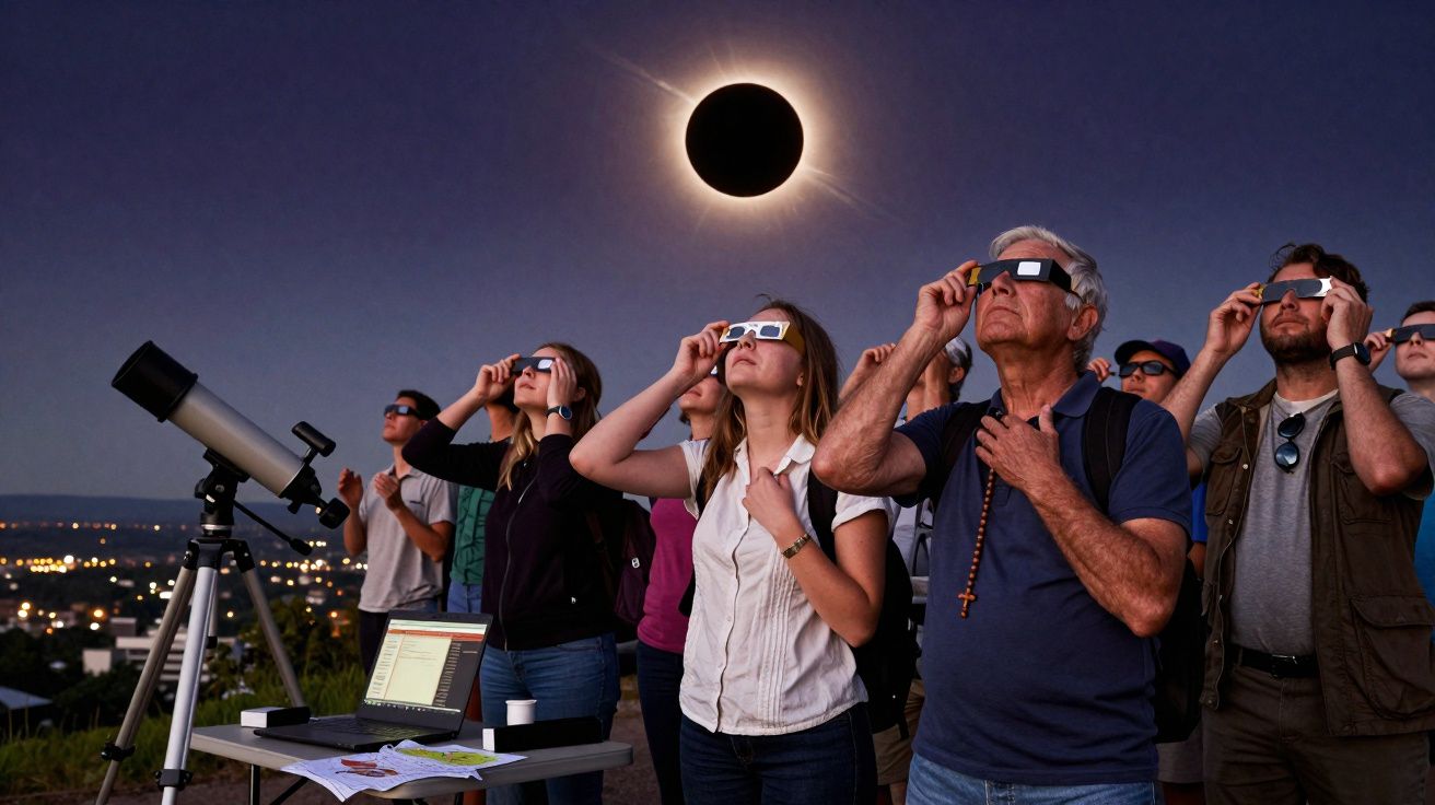 Grupo de pessoas a observar um eclipse solar usando óculos especiais ao entardecer.