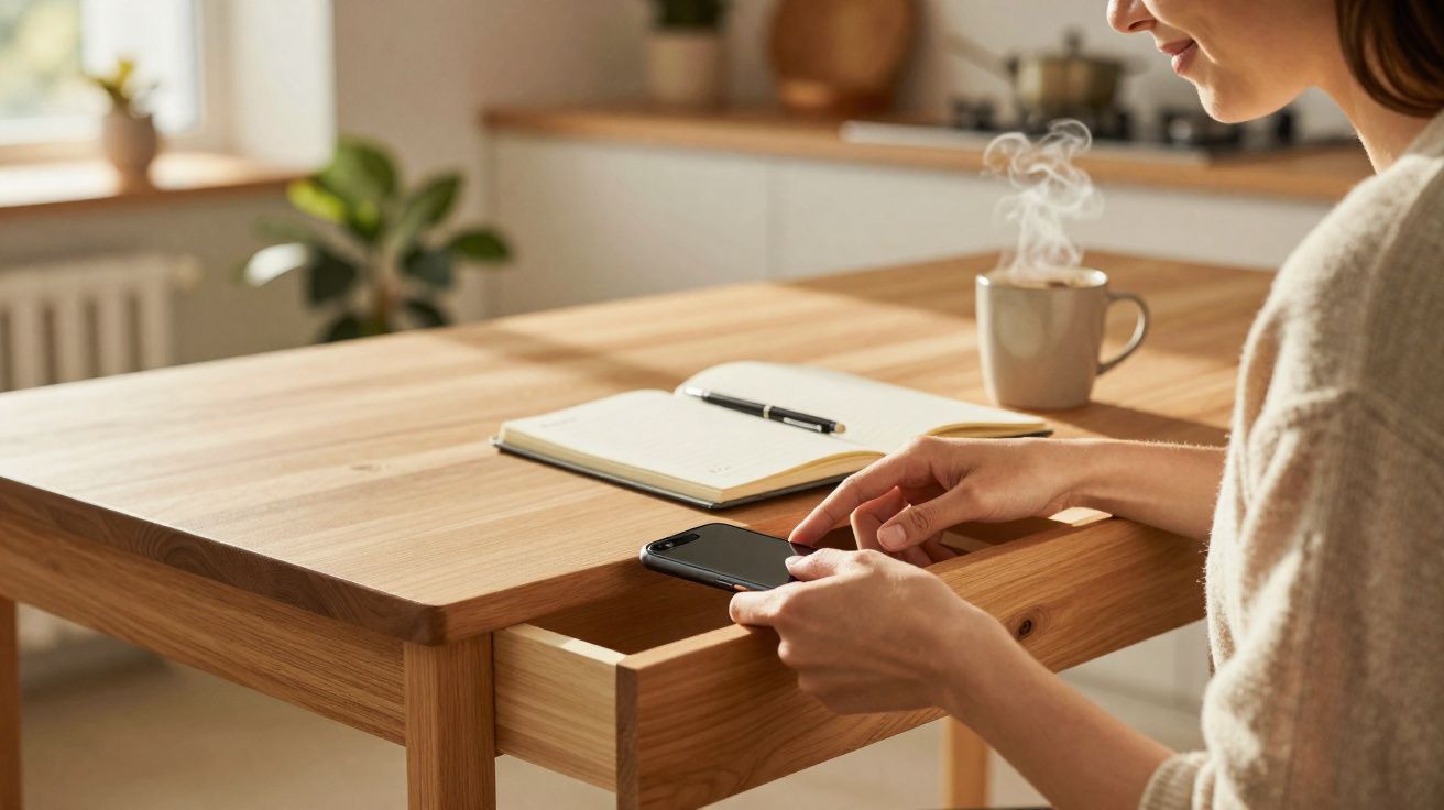 Pessoa a guardar um telemóvel numa gaveta de uma mesa de madeira com caderno e caneca de café quente.