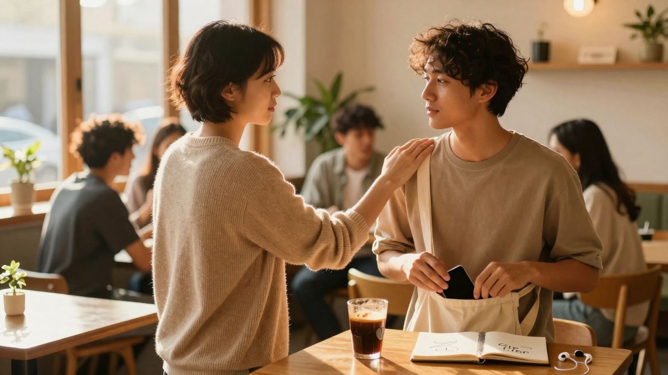 Homem e mulher conversam num café com outras pessoas ao fundo, luz natural entra pela janela.