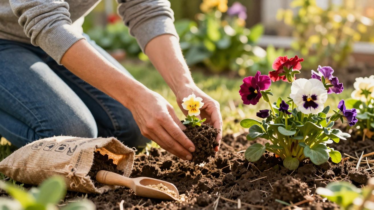 Pessoa a plantar pequenas flores coloridas num jardim, com terra e saco de sementes ao lado.