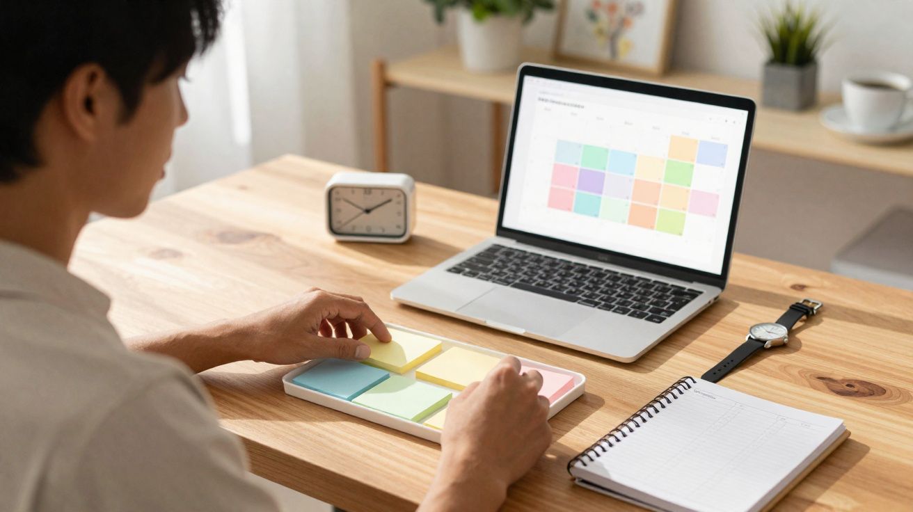 Pessoa a organizar notas autocolantes numa secretária com computador portátil, relógio e caderno.