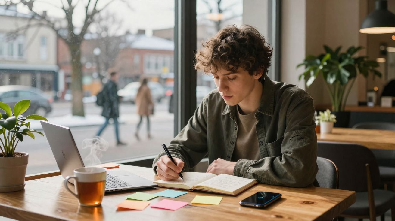 Jovem sentado numa mesa de café a escrever num caderno, com laptop, chá e post-its à frente.