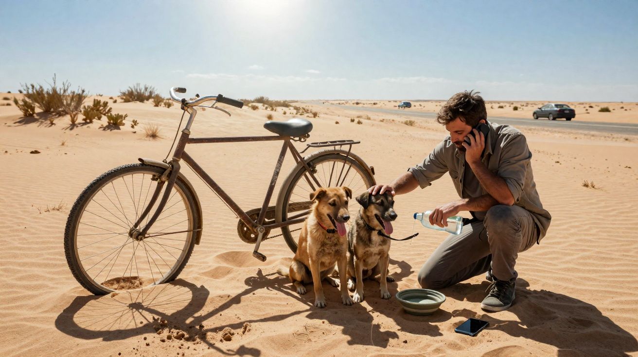 Homem a dar água a dois cães no deserto ao lado de uma bicicleta, com carros ao fundo na estrada.