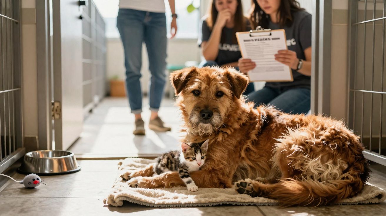 Cão e gato deitados juntos num tapete, com duas pessoas ao fundo a ler e observar.