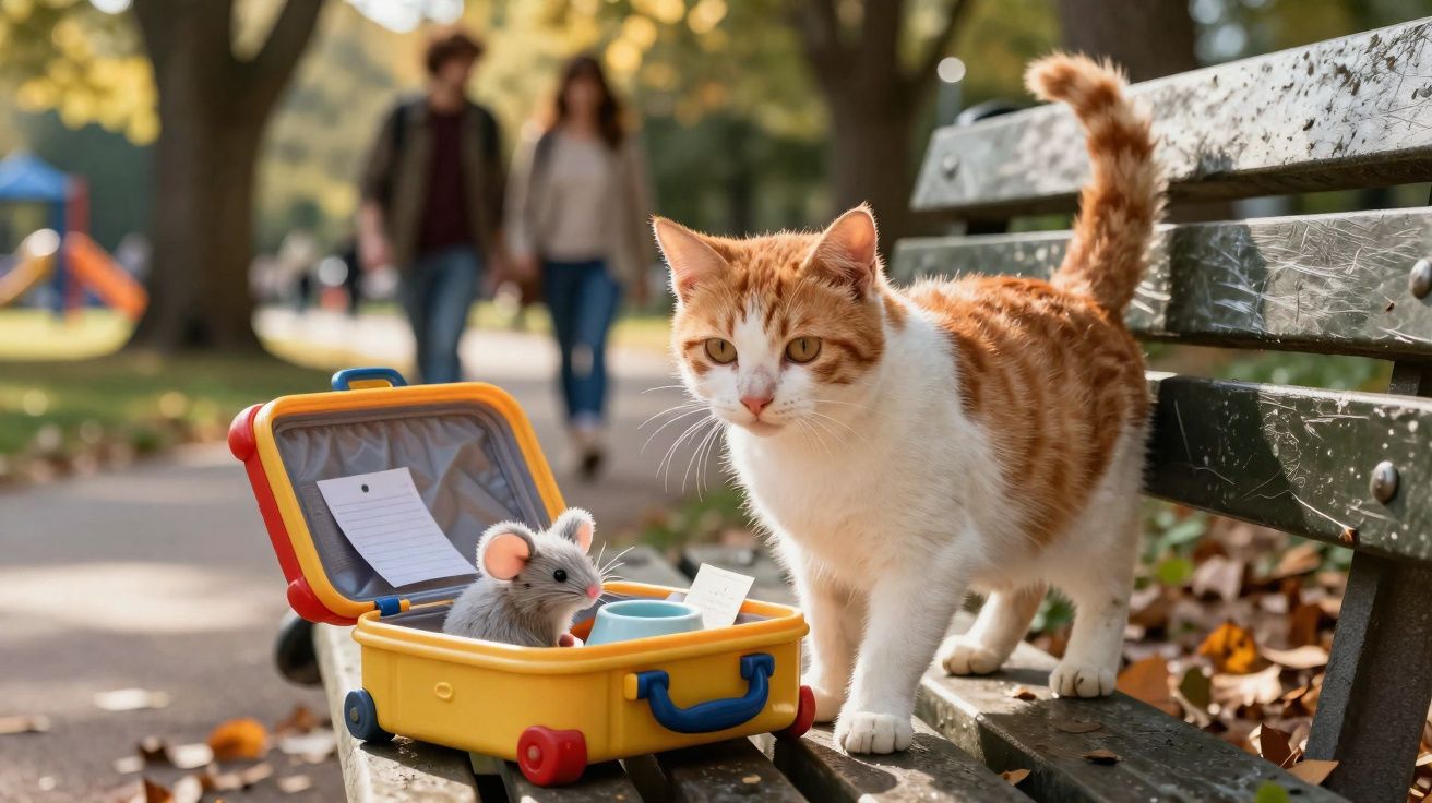 Gato laranja e branco em banco de parque junto a mala amarela com rato de brinquedo, pessoas ao fundo desfocadas.
