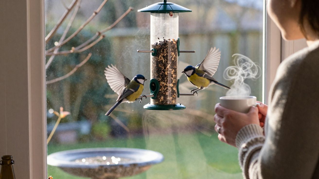Dois pássaros alimentam-se num comedouro junto a uma janela enquanto uma pessoa observa com uma chávena de chá quente.