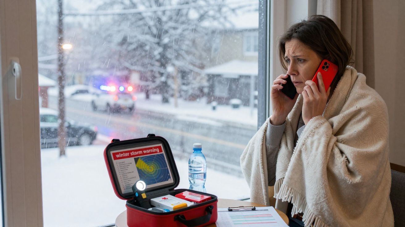 Mulher preocupada ao telefone, coberta com manta, junto a kit de emergência, enquanto neva e polícia está fora da janela.