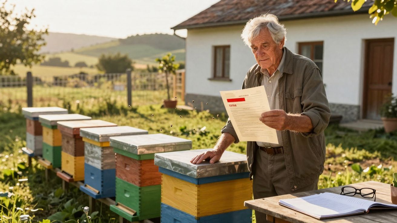 Idoso a ler documento junto a colmeias coloridas num campo ensolarado, com casa ao fundo.