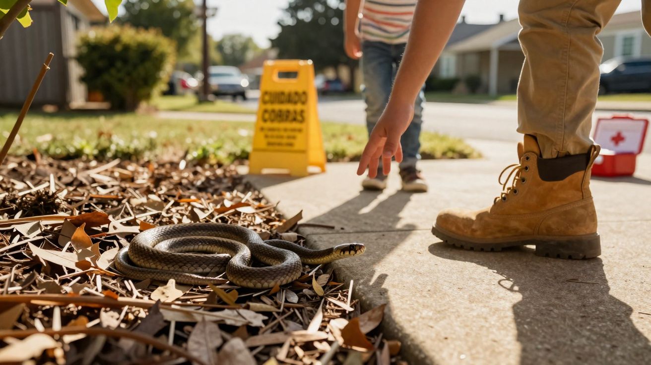 Cobra enrolada no chão perto de uma pessoa a estender a mão e sinal de aviso de cobras.