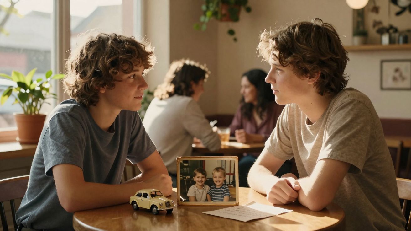 Dois adolescentes sentados frente a frente numa mesa de café, com foto de infância e brinquedo entre eles.