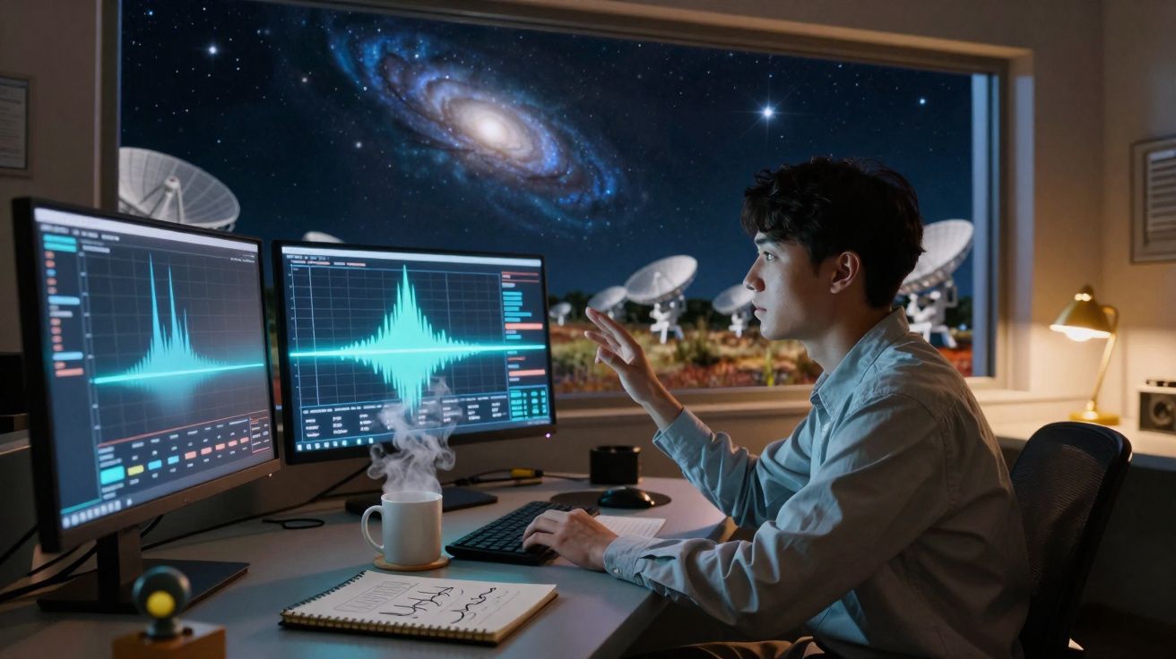 Jovem cientista a analisar sinais em monitores com telescópios e galáxia visível pela janela.