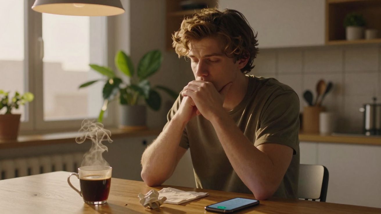 Jovem sentado à mesa da cozinha com expressão pensativa, chá quente e telemóvel à frente.