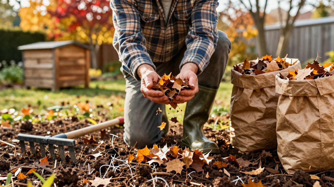 Pessoa de joelhos a recolher folhas secas no jardim durante o outono, com sacos cheios ao lado.