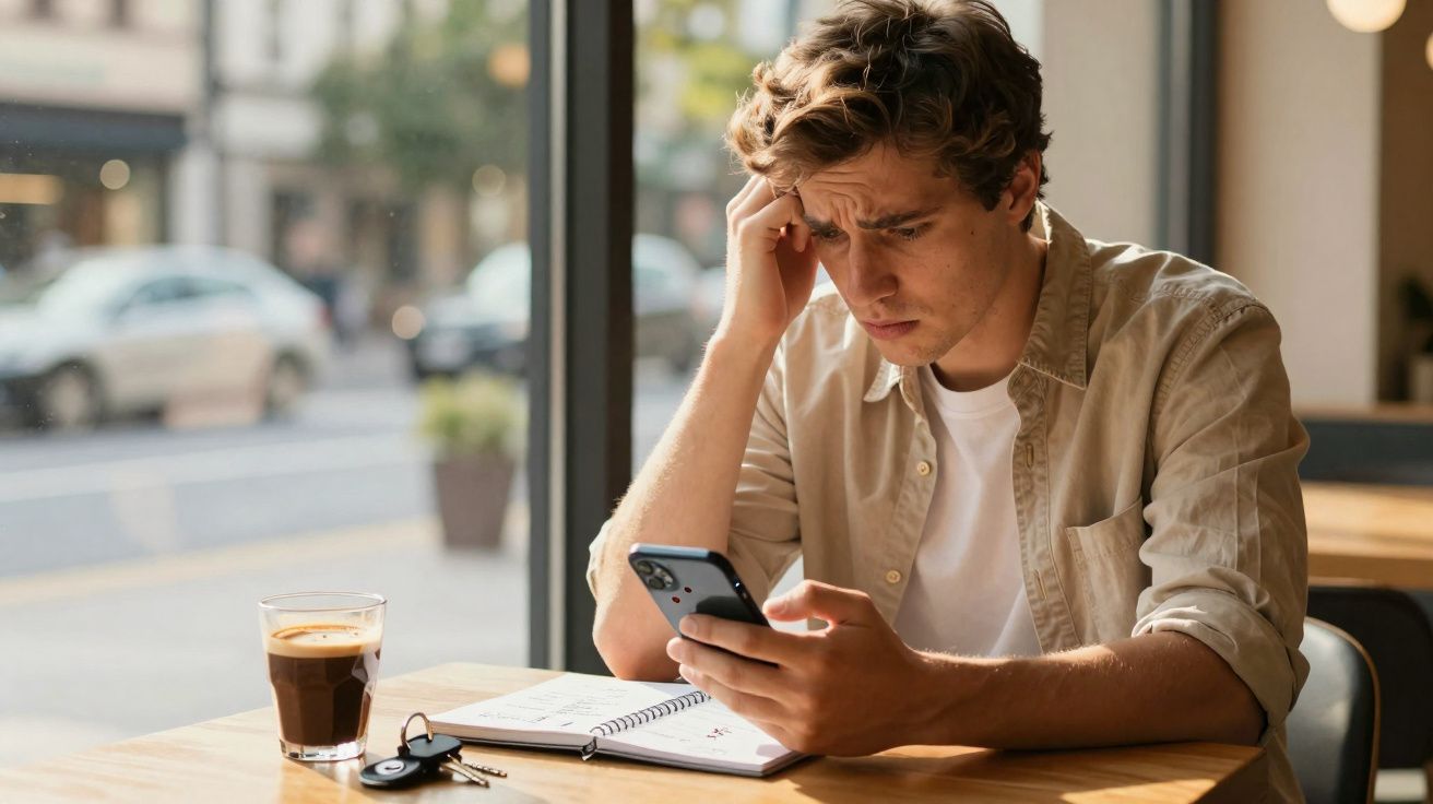 Homem preocupado a olhar para o telemóvel sentado numa mesa com um caderno, café e chaves à sua frente.