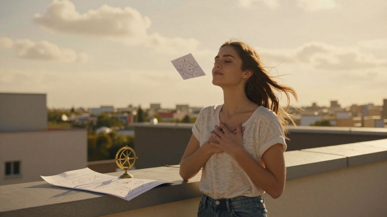 Mulher com olhos fechados e mãos no peito, sentindo a brisa num terraço ao pôr do sol, com papel a flutuar.