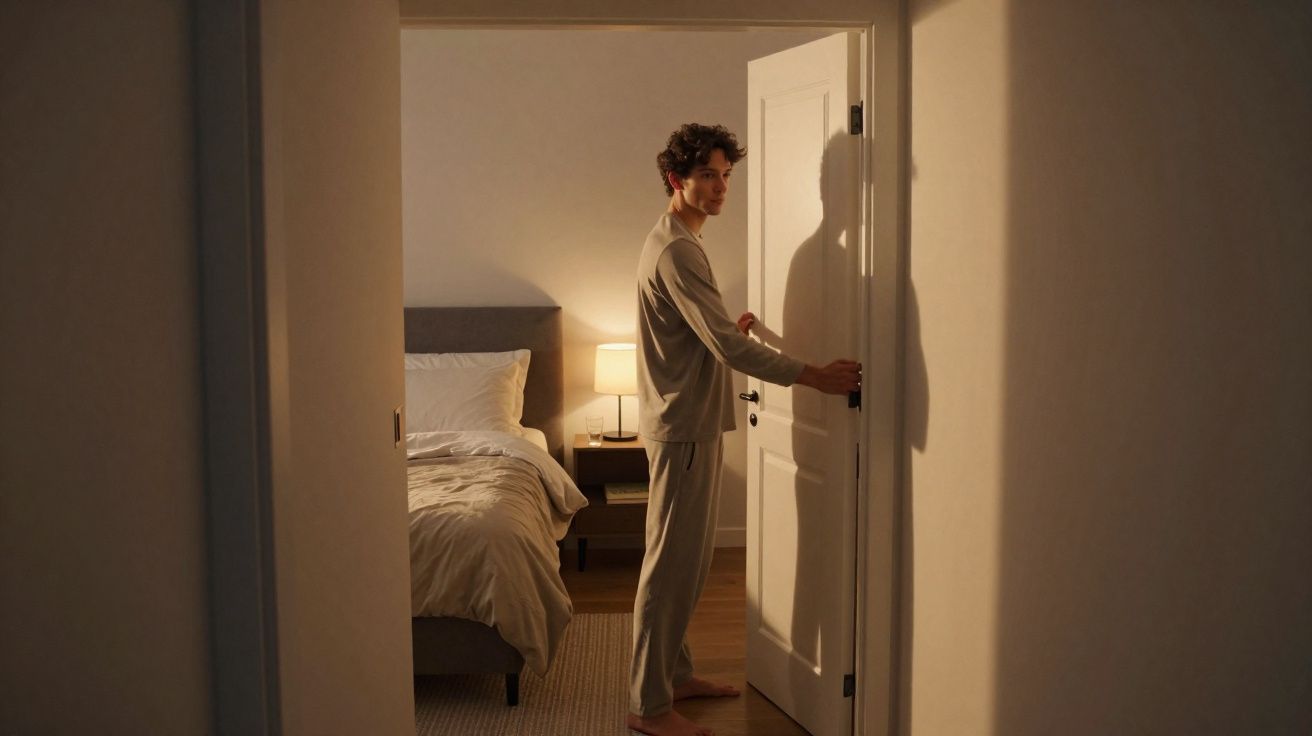 Homem em pijama abre porta de quarto iluminado por candeeiro à noite.