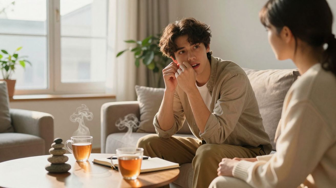 Dois jovens conversam sentados em sala com chá quente sobre a mesa redonda de madeira.