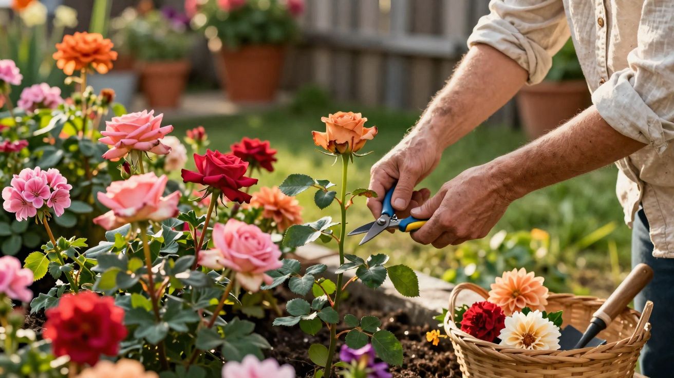 Pessoa a podar rosas de várias cores num jardim com tesoura de jardinagem e cesto com flores.