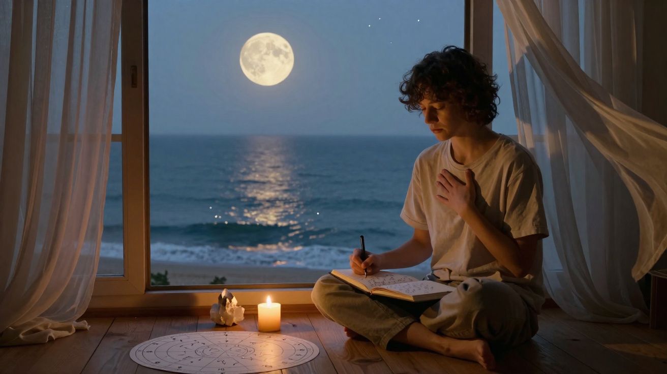 Pessoa sentada no chão junto a uma vela, escrevendo num caderno com lua cheia e mar ao fundo.
