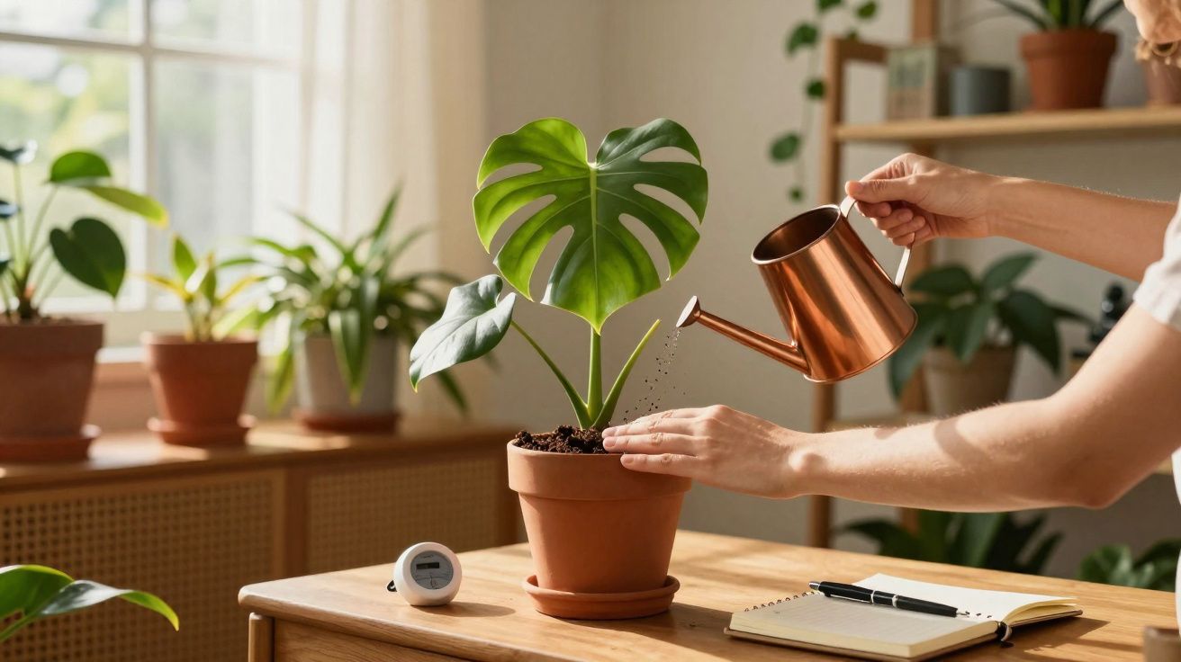 Pessoa a regar planta Monstera numa jarra de metal num ambiente interior com outras plantas e caderno.