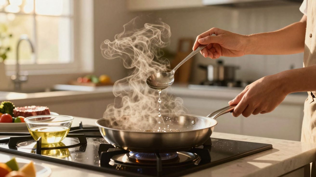 Pessoa a cozinhar com concha numa frigideira fumegante no fogão a gás numa cozinha moderna.