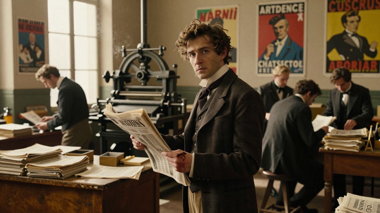 Homem vestido vintage lê jornal numa redação antiga com várias pessoas a trabalhar e relógio antigo na parede.
