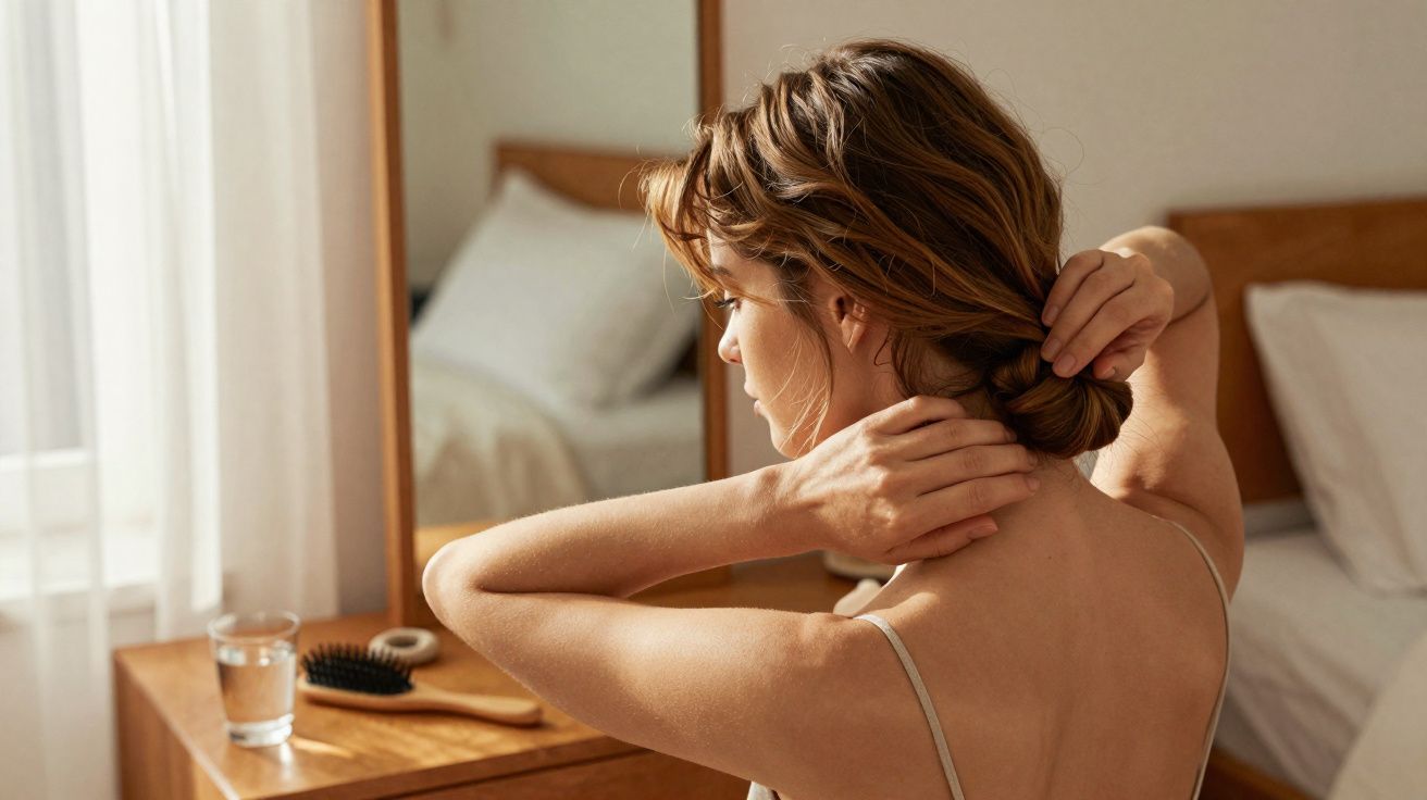 Mulher apanha o cabelo junto a um espelho numa manhã iluminada, ao lado de uma cama com lençóis brancos.