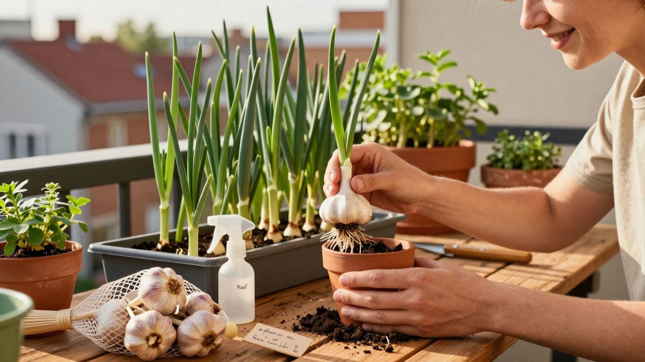 Pessoa a plantar alho num vaso num terraço, rodeada de ervas e spray de rega.