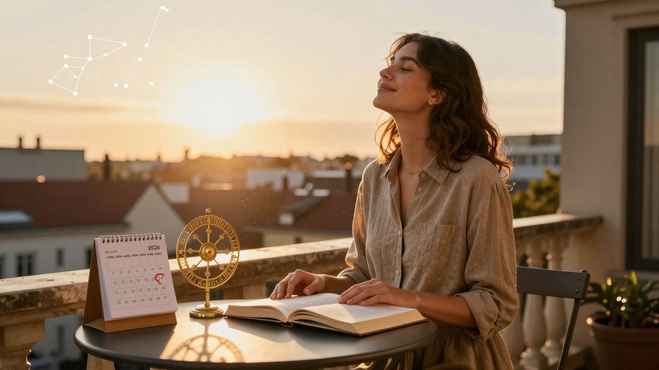 Mulher sentada numa varanda ao pôr do sol, com um livro aberto e um calendário na mesa.