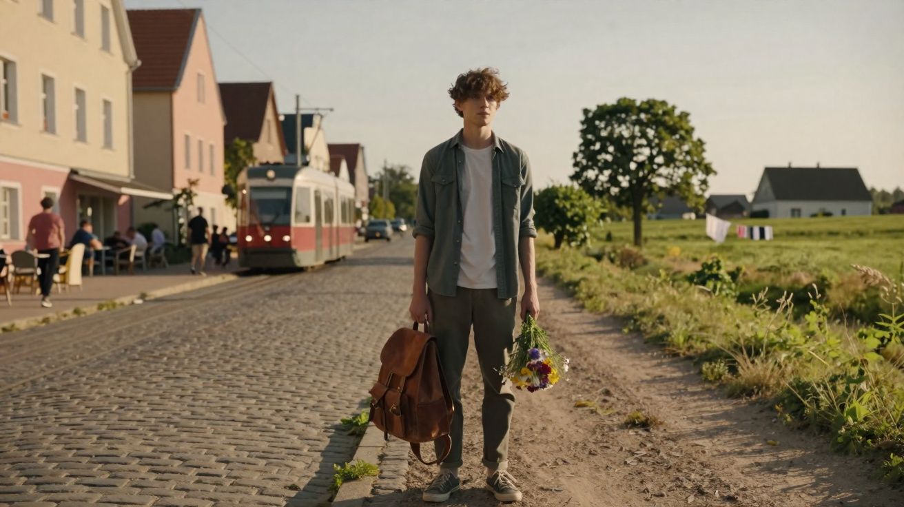 Rapaz com mochila e flores na mão está parado numa rua de calçada com comboio e casas ao fundo.