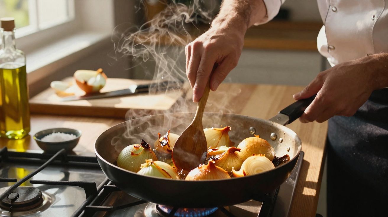 Pessoa a cozinhar cebolas em frigideira no fogão a gás, com vapor a sair do prato.
